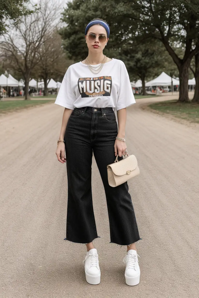 Retro Vibes in a Vintage Band Tee and Flared Jeans