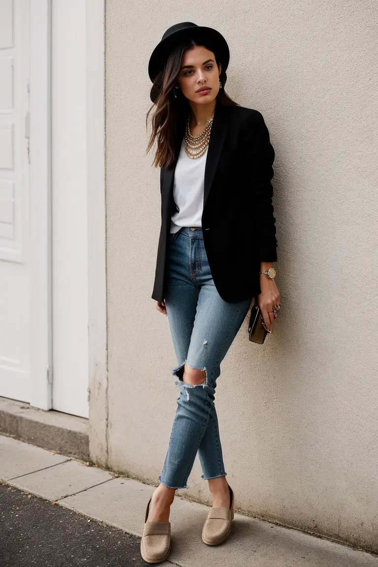 Effortless Elegance in Blazer and Ripped Jeans