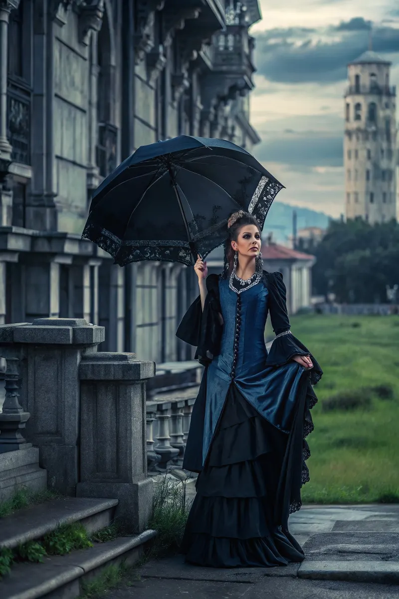 Midnight Sapphire Victorian Promenade Gown for Twilight Cityscape Exploration