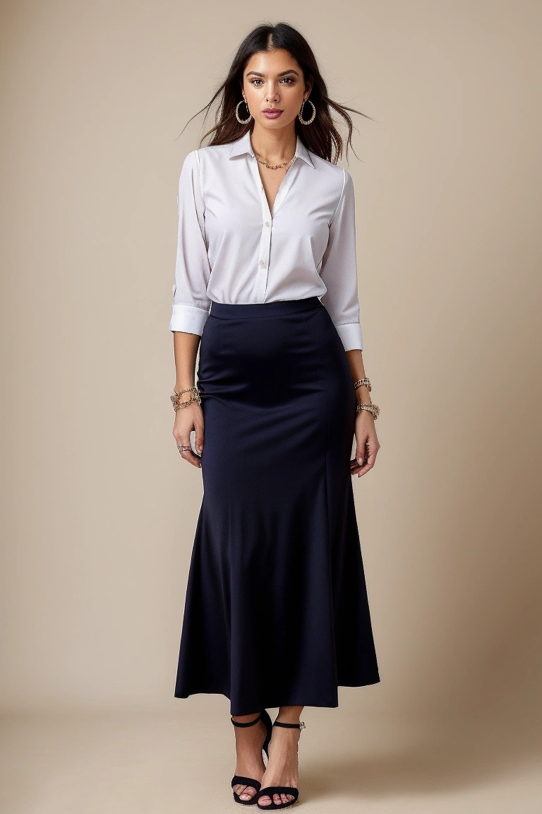 Timeless Professionalism in a Navy Maxi Skirt Outfit
