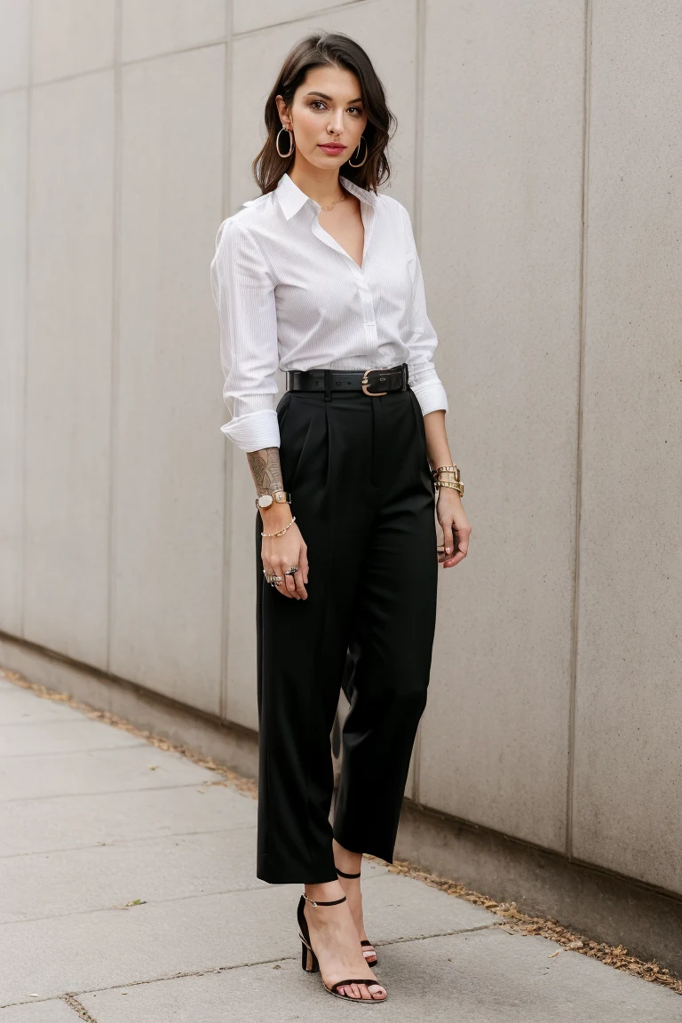 Modern Professional in a Striped Shirt and Black Culottes