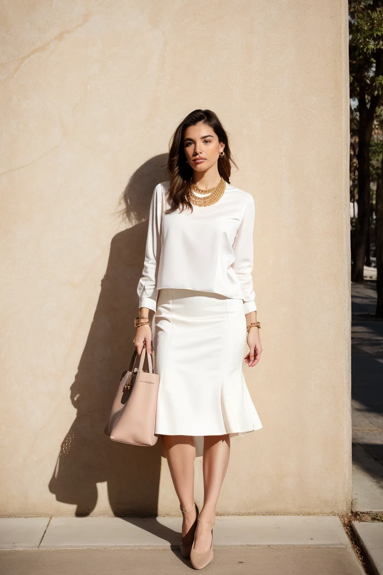 Elegant Simplicity in a Beige Blouse and White A-Line Skirt