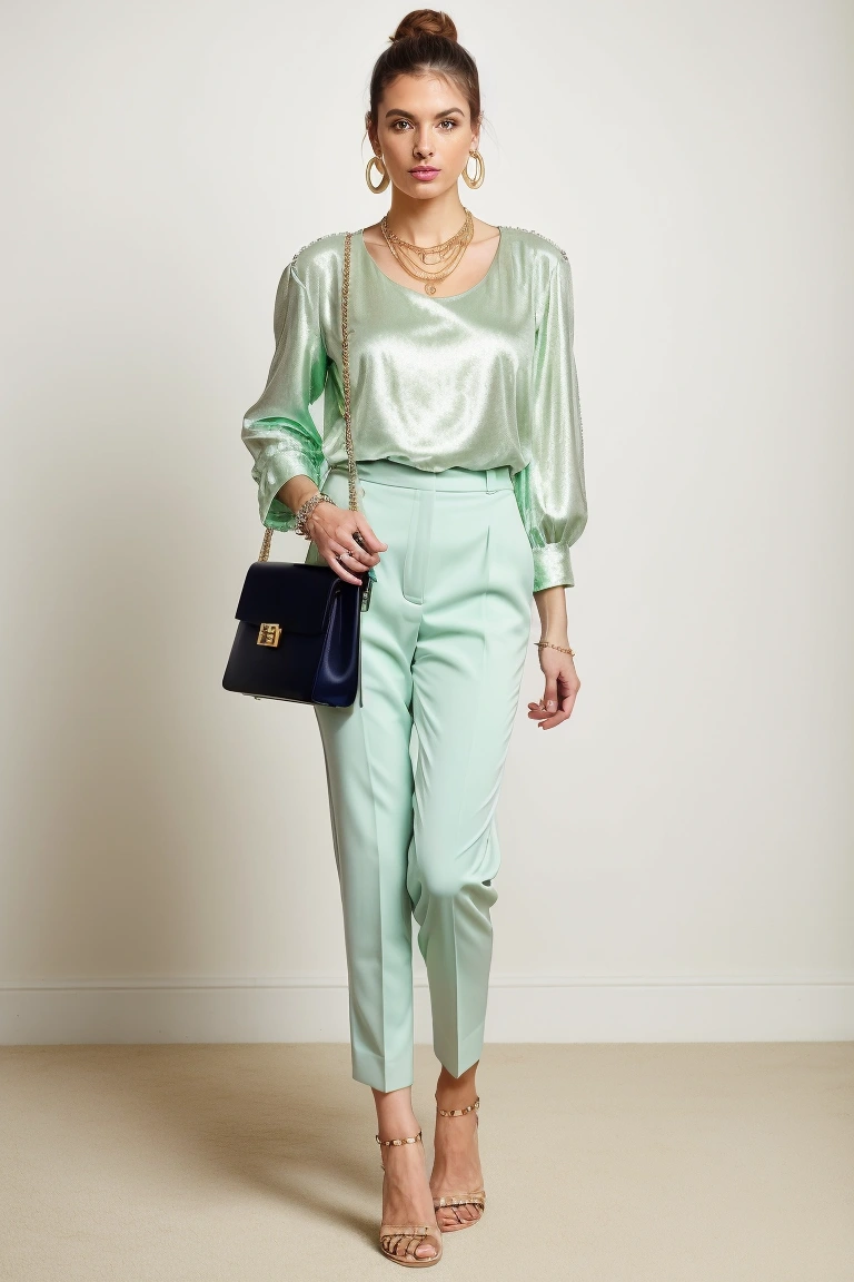 Summer Smart in a Mint Green Blouse and Navy Trousers