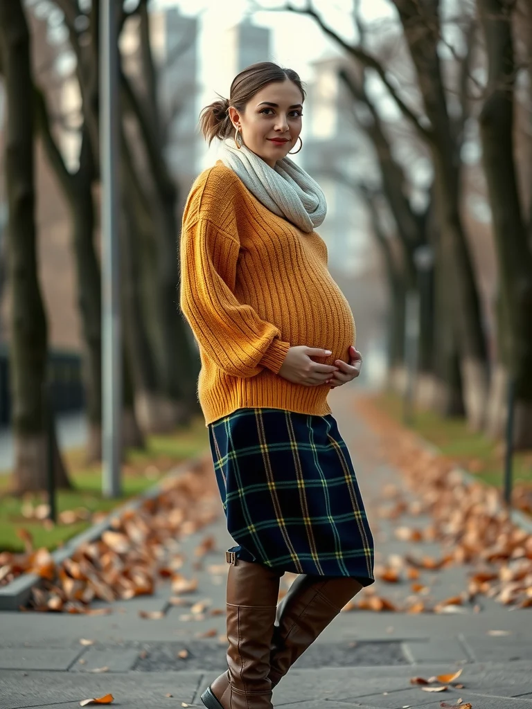 Autumn Warmth in a Mustard Knit Sweater and Plaid Skirt