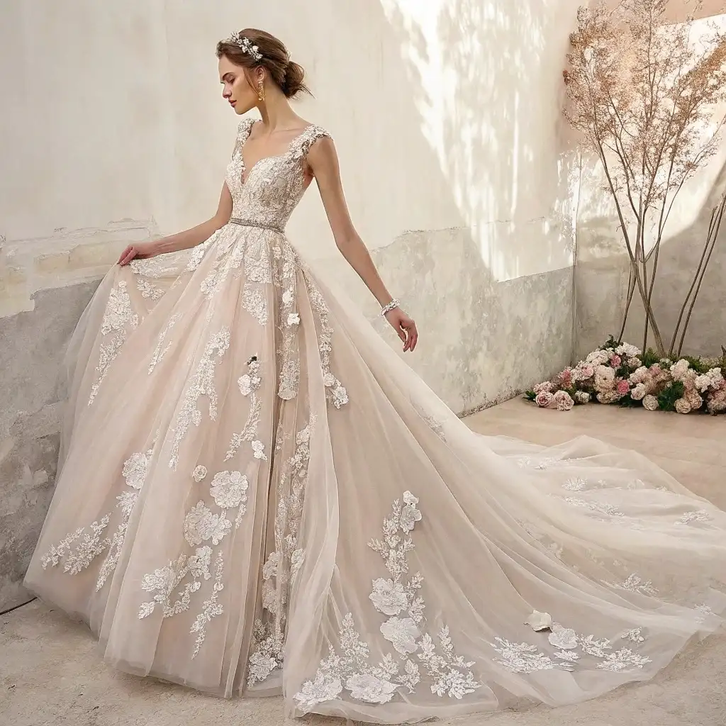 Blush Grandeur Floral Appliqué Ballgown for Historic European Venues