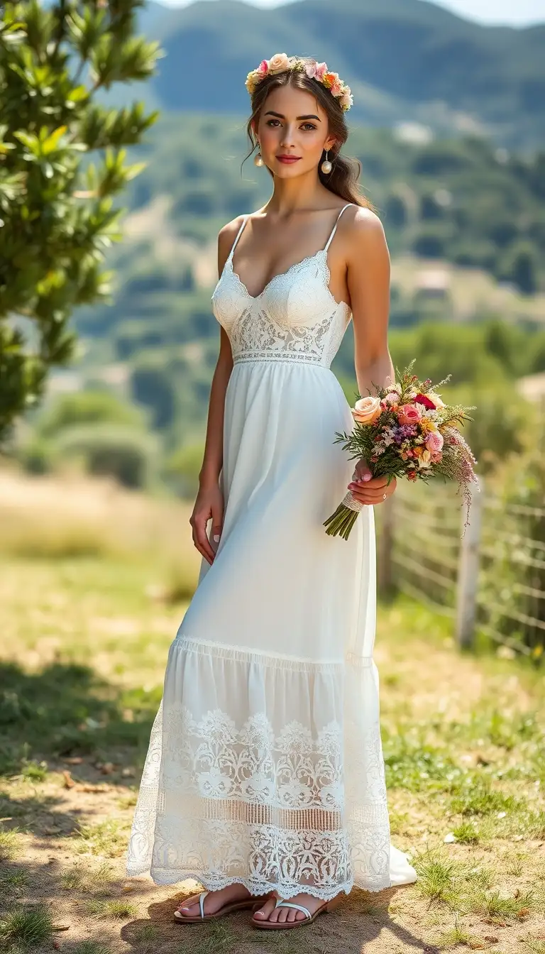 Bohemian Elegance in a Lace-Trimmed Maxi Dress