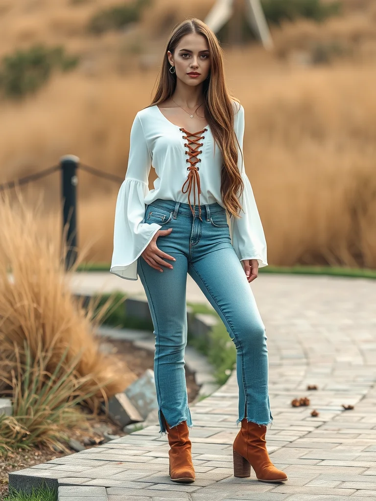 Boho-Inspired Elegance in a Lace-Up Blouse and Denim