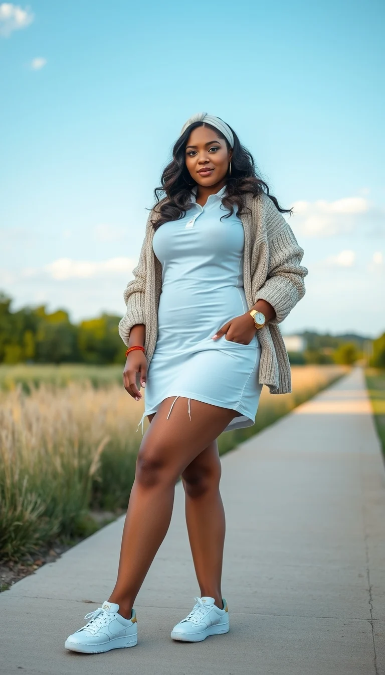 Casual Elegance in a Light Blue Polo Dress and Chunky Cardigan