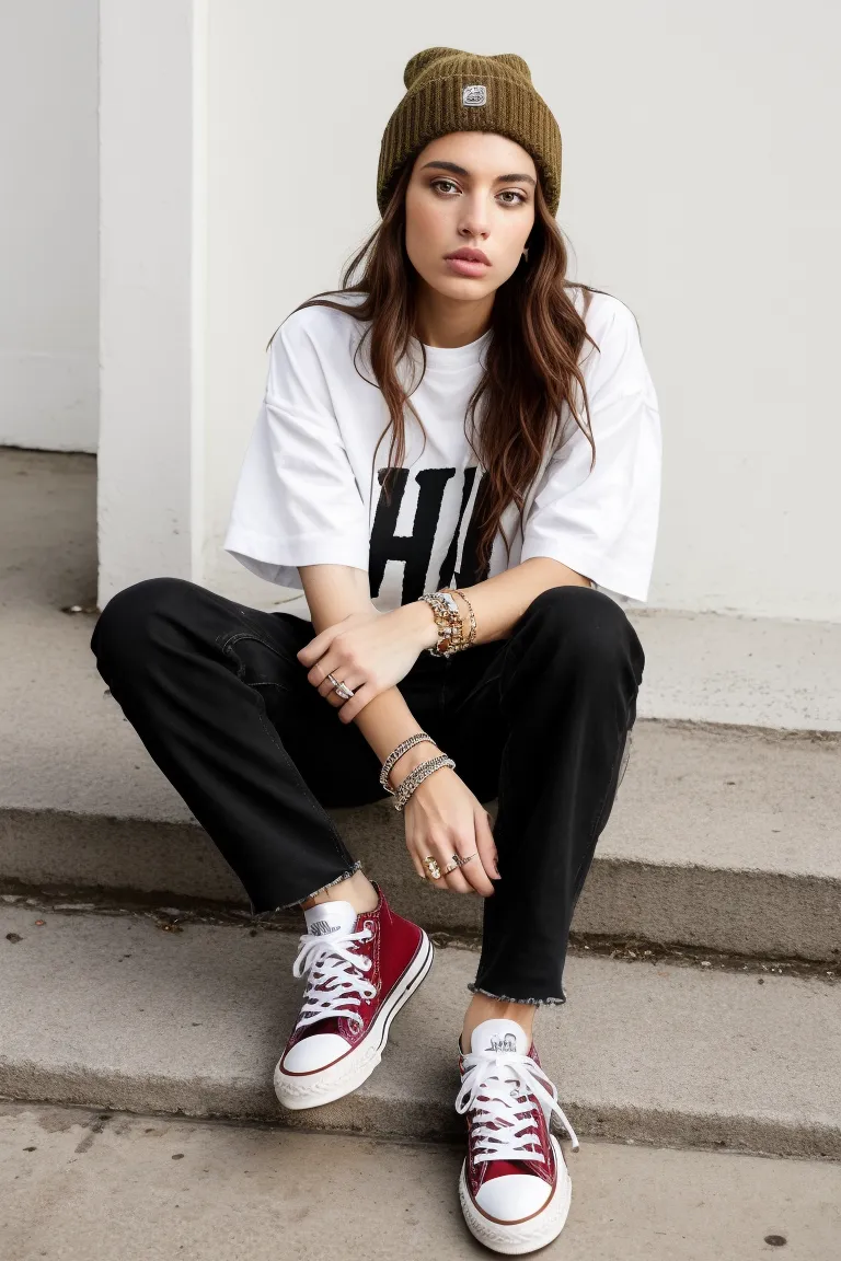 Girl with Casual Grunge in Band Tee and Beanie