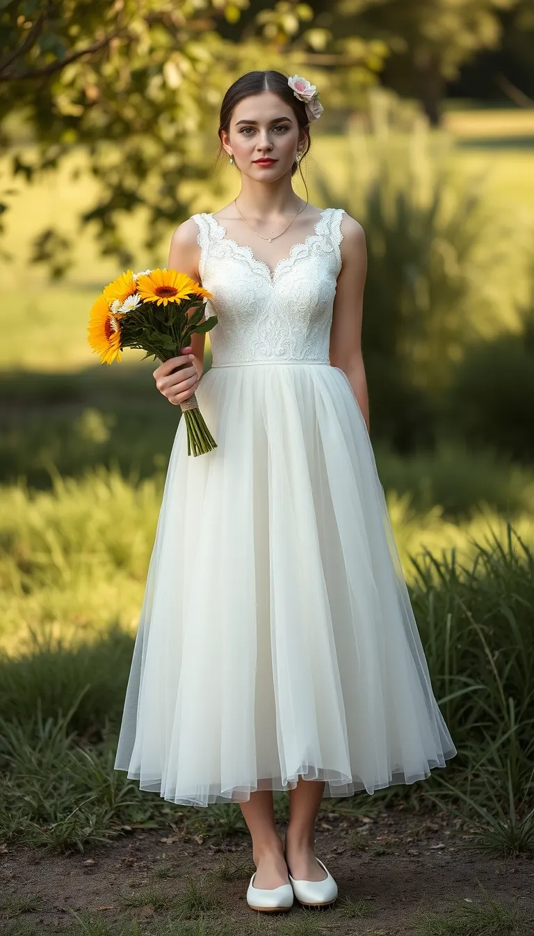 Delicate Elegance in a Tulle and Lace Tea-Length Wedding Dress