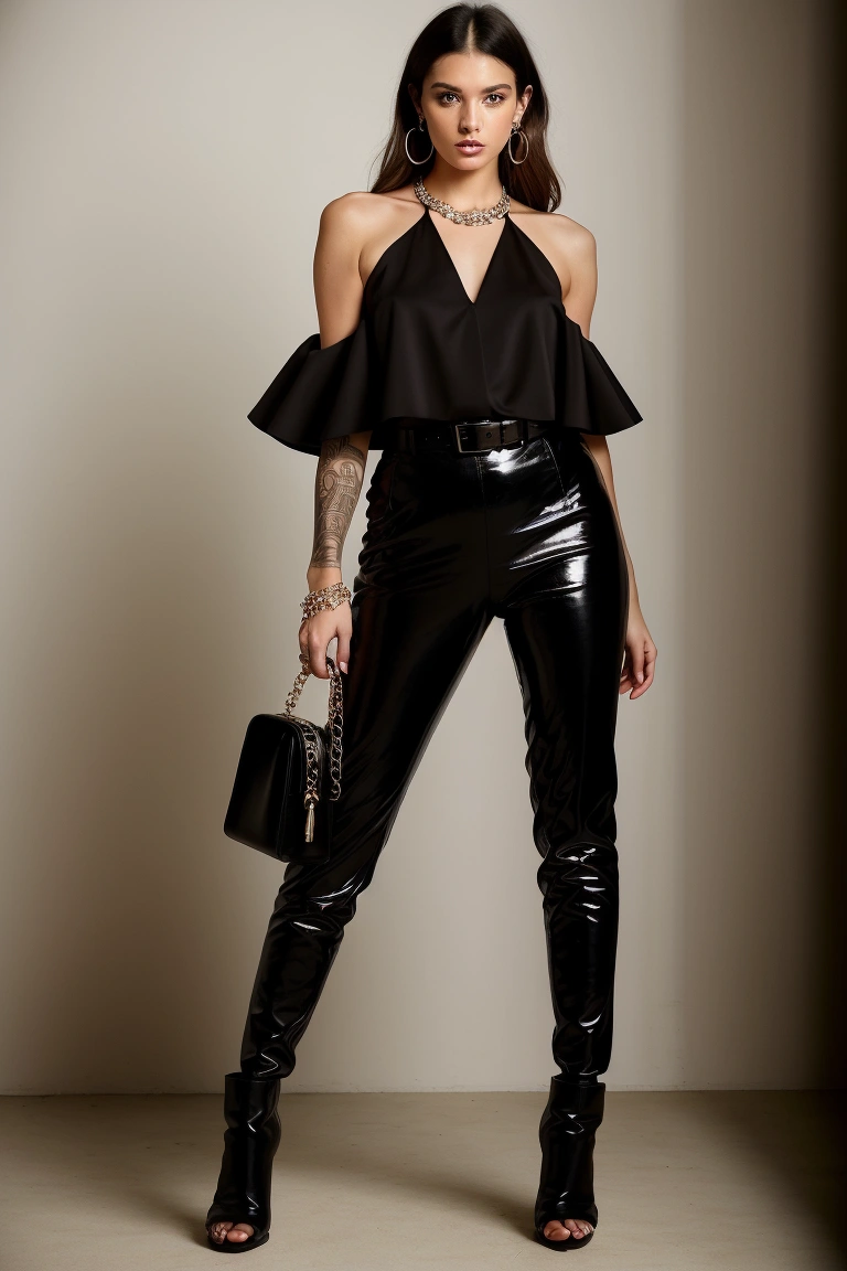 Edgy Elegance in Black Blouse and Leather Pants