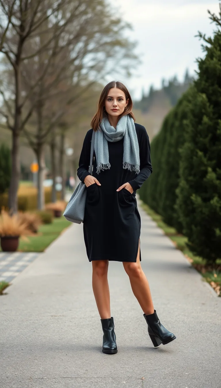 Effortless Elegance in a Black Sweater Dress and Cozy Scarf
