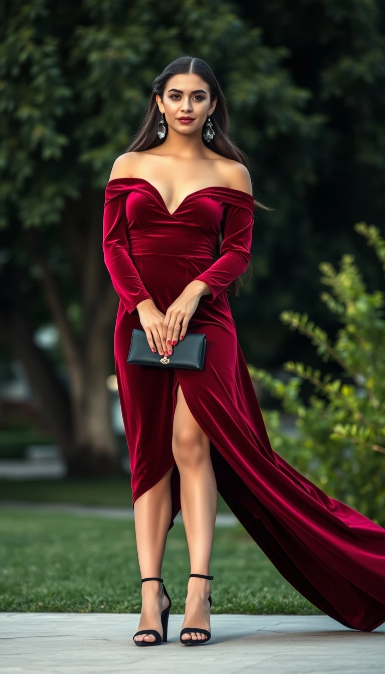 Elegant Glamour in a Velvet Off-Shoulder Gown