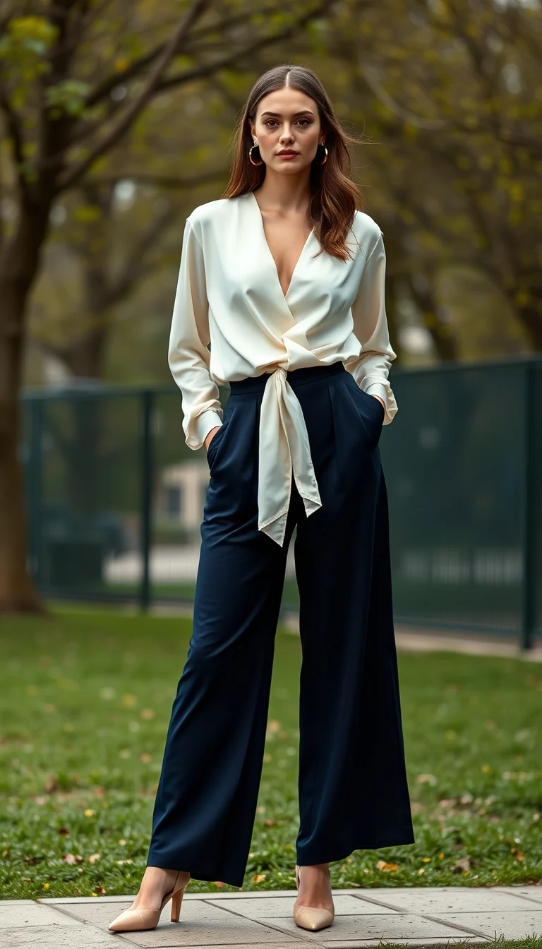 Elegant Sophistication - Silk Wrap Blouse and Wide-Leg Trousers
