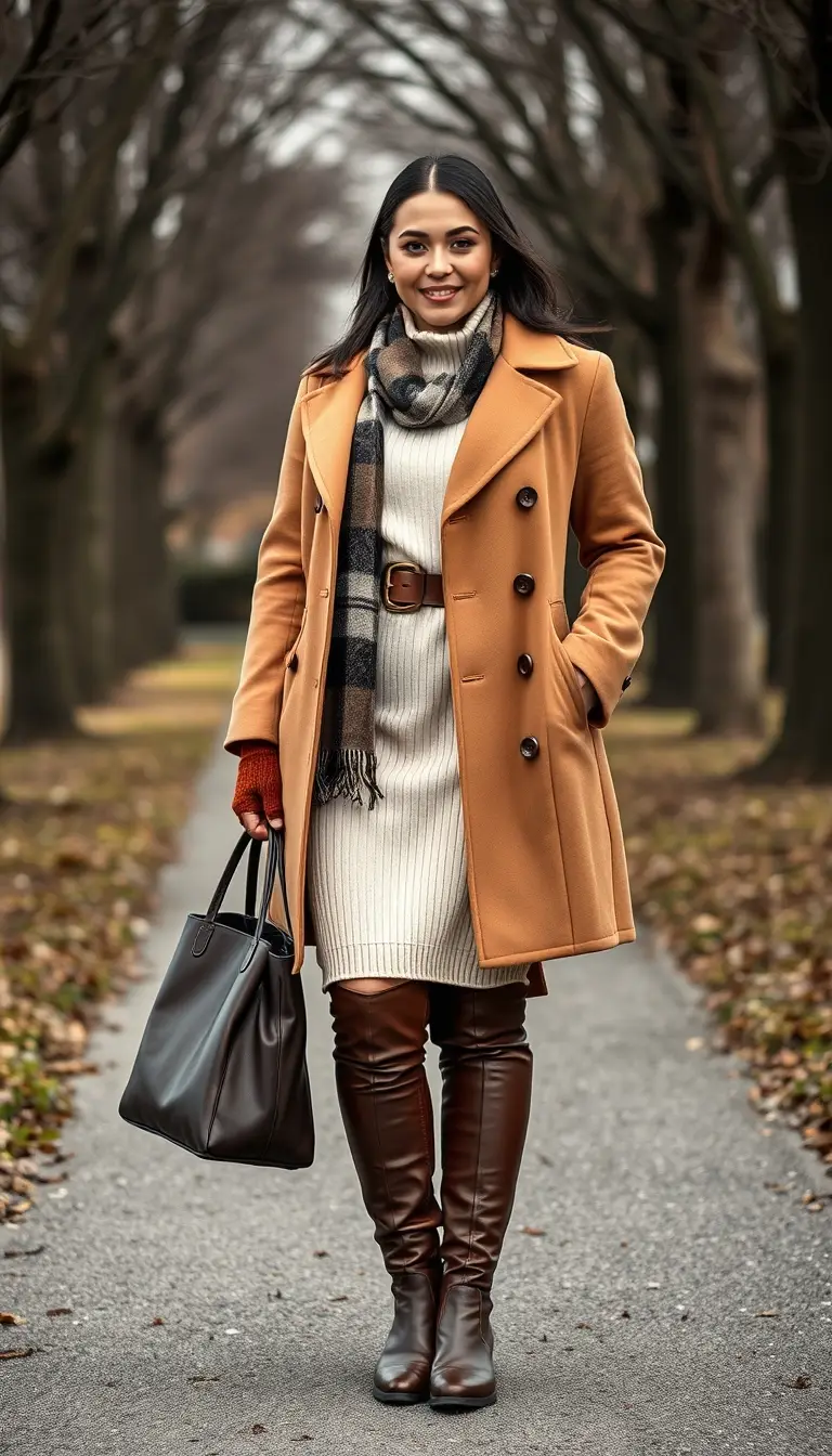 Elegant Winter Warmth in a Camel Coat and Knitted Dress
