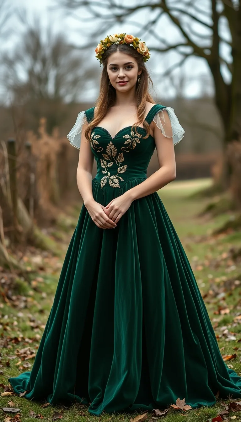 Enchanting Forest Elegance in a Deep Green Velvet Gown with Floral Embroidery