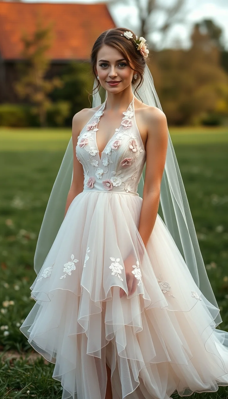 Enchanting Romance in a Floral Halter Neck Wedding Dress