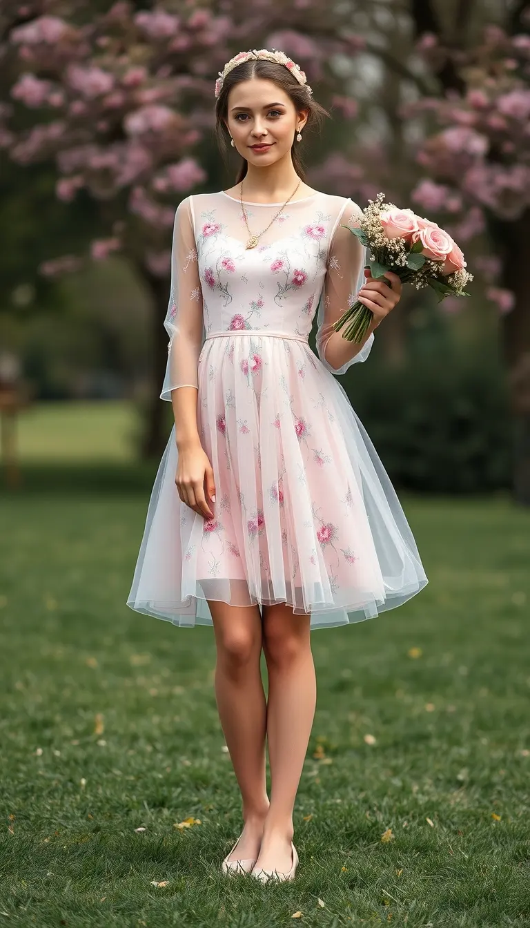 Ethereal Elegance in a Pink Floral Mesh Dress