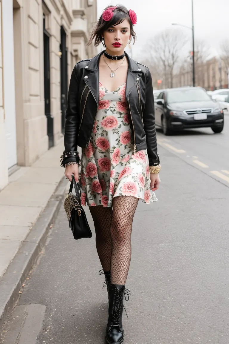 young girl wearing Floral Punk in a Slip Dress and Leather Jacket