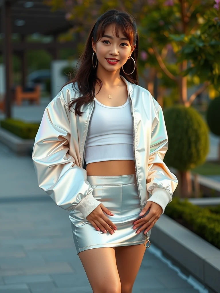 Futuristic Glam in a Metallic Bomber Jacket and Mini Skirt