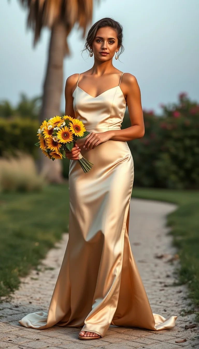 Golden Elegance in a Satin Spaghetti Strap Gown
