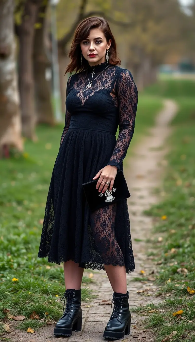 Gothic Elegance - Black Lace Midi Dress with Combat Boots
