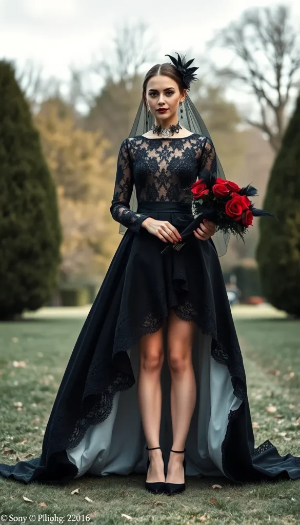 Gothic Elegance in a Black Lace High-Low Wedding Dress