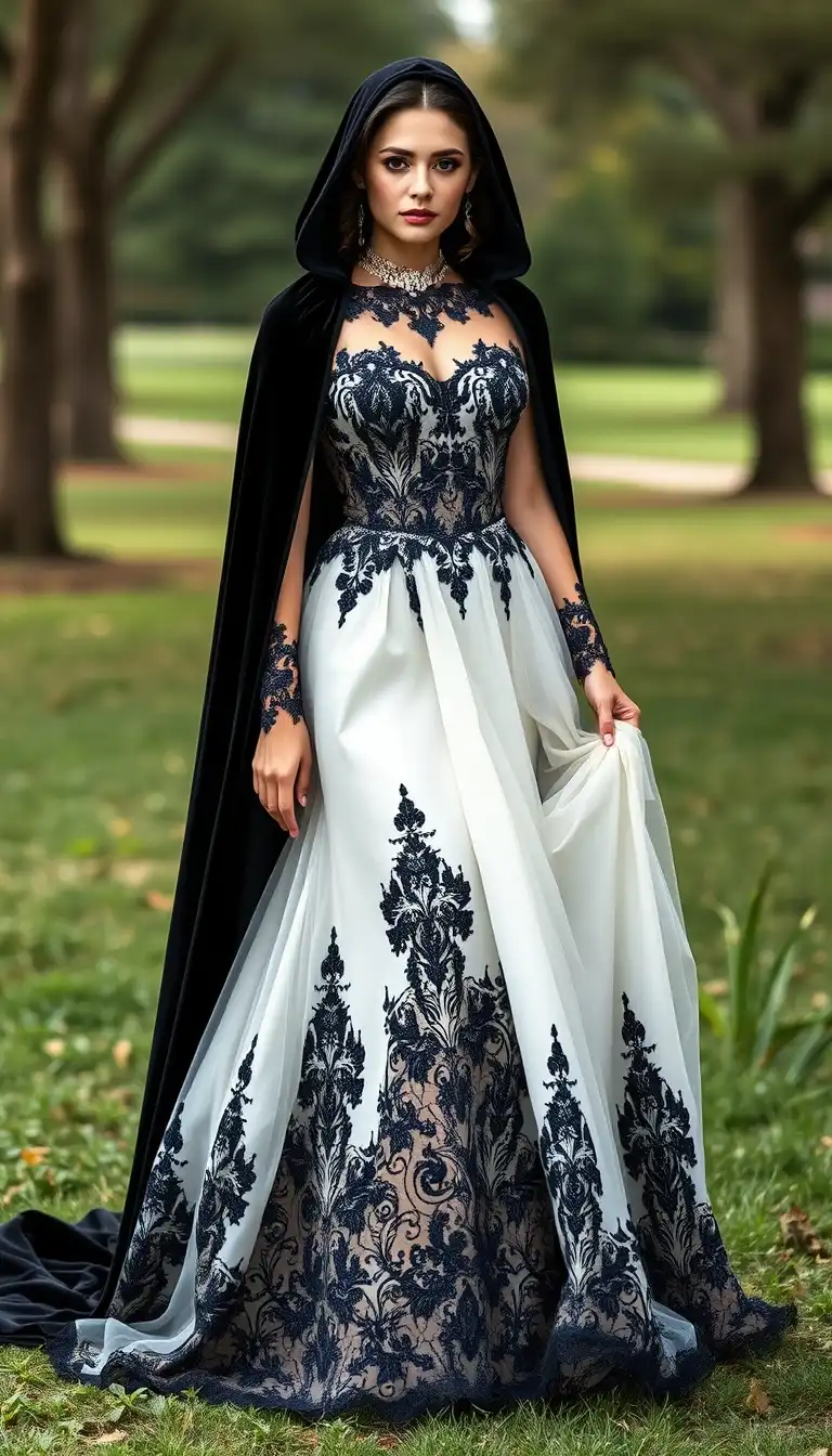 Gothic Elegance in a Black and White Embroidered Gown with Hooded Cape