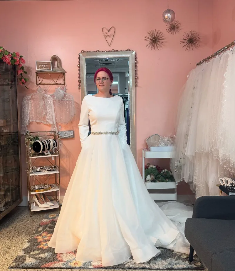 Grace in Winter - Long-Sleeved Ballgown with Crystal Belt