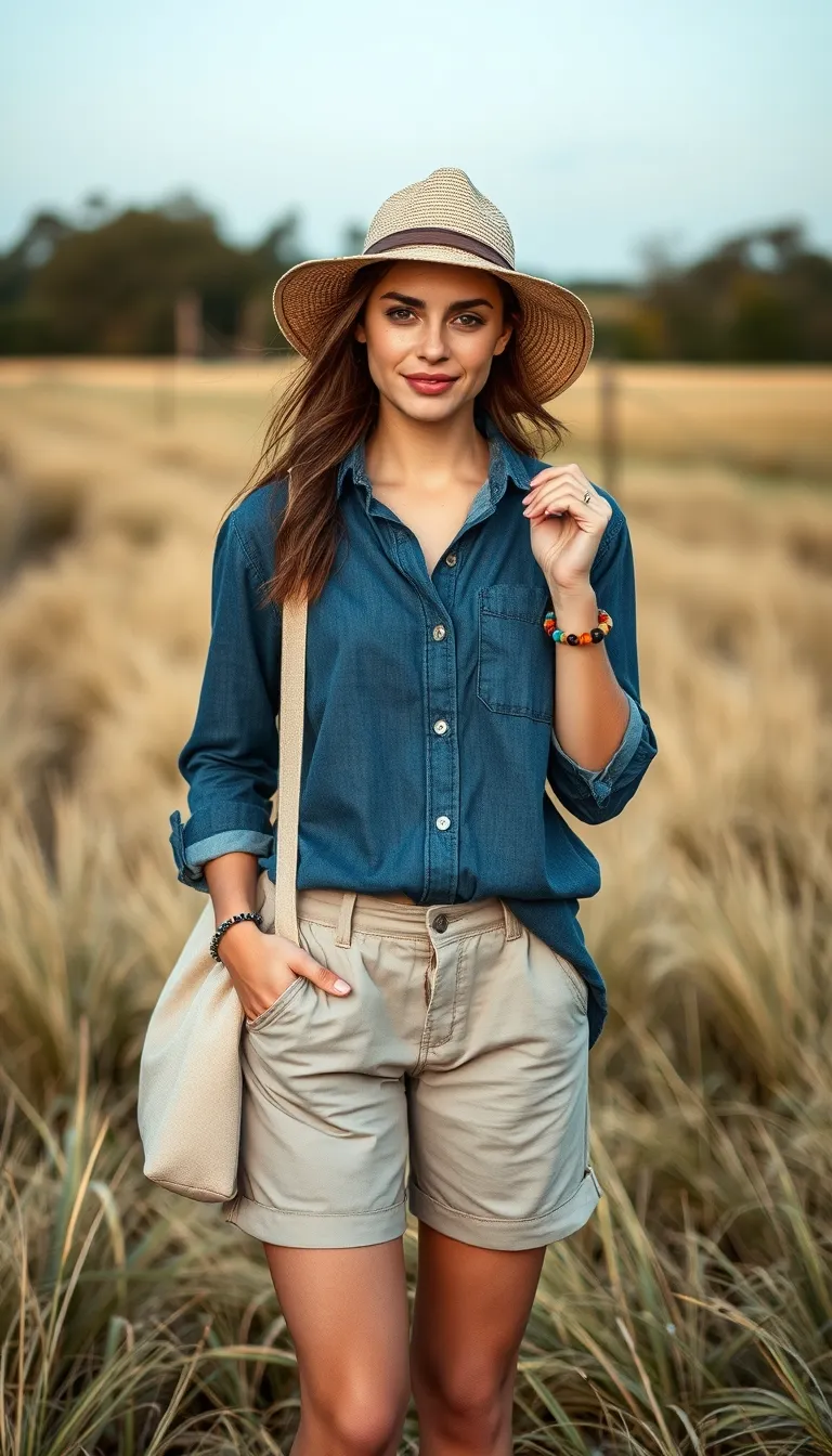 Laid-Back Explorer in a Denim Shirt and Khaki Shorts