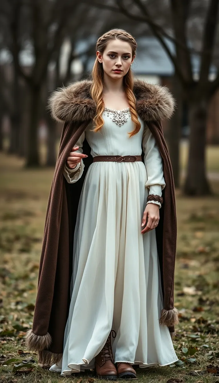 Medieval-Inspired Elegance in a Fur-Collared Cape and Flowing Gown