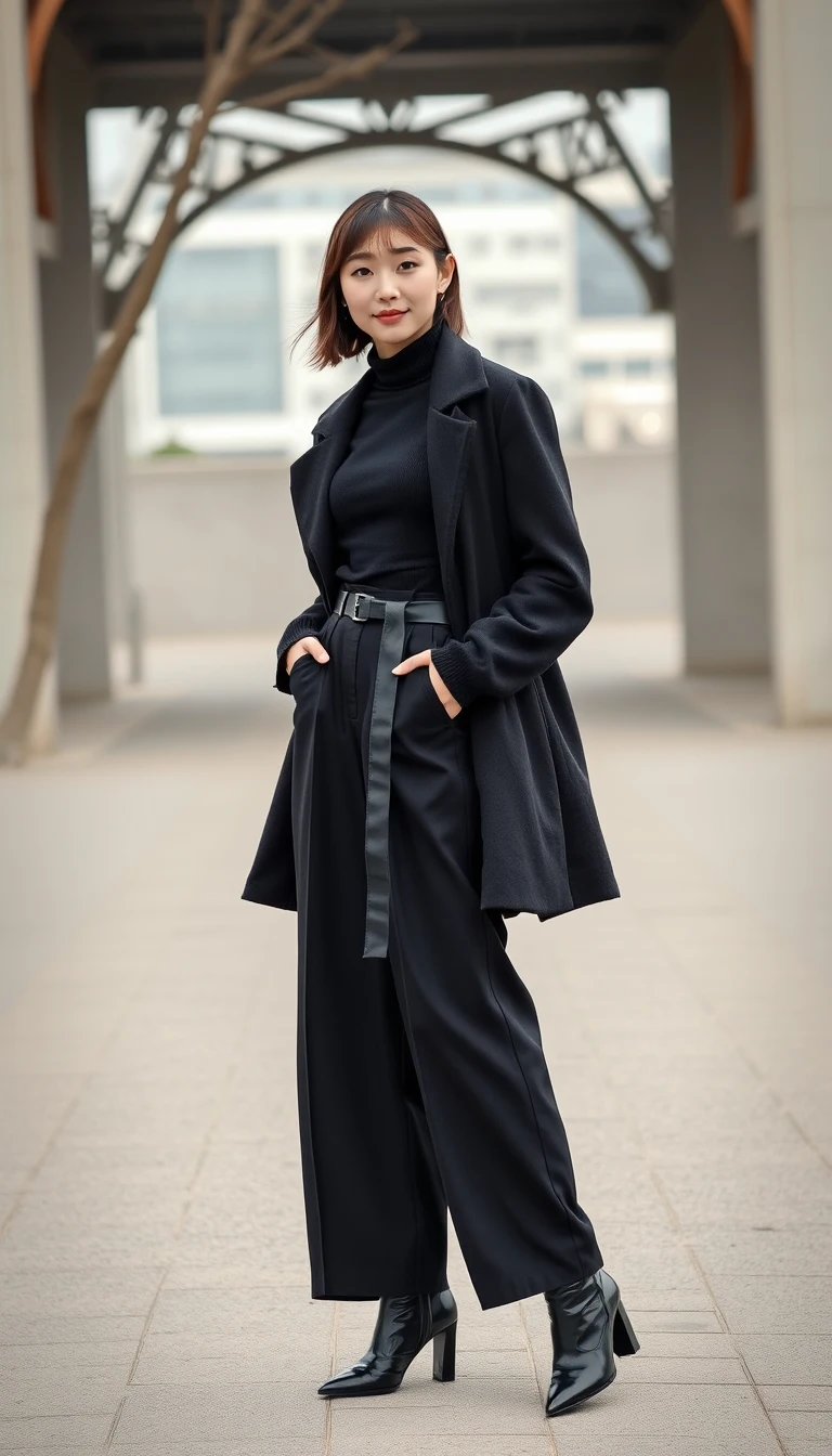 Monochrome Minimalism - All-Black Ensemble with Wide-Leg Trousers