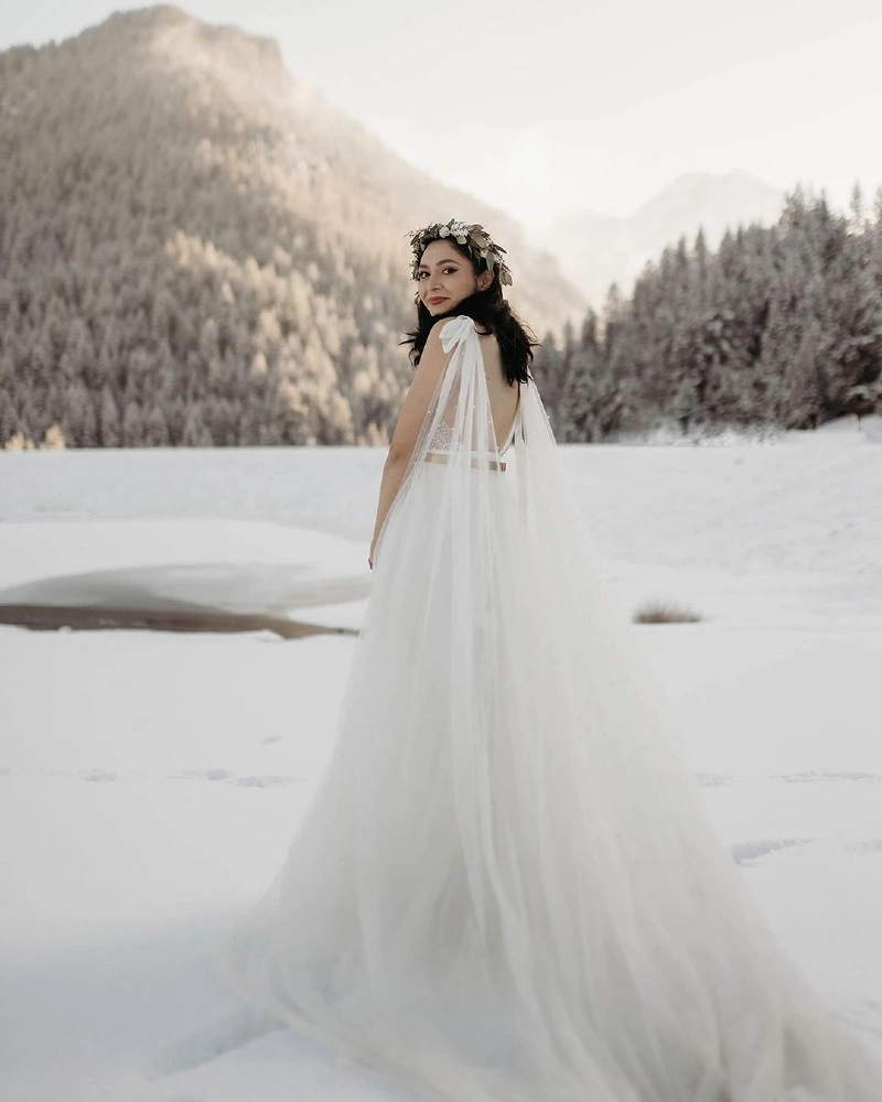Mountain Frost - Ethereal Open-Back Gown with Cathedral Cape