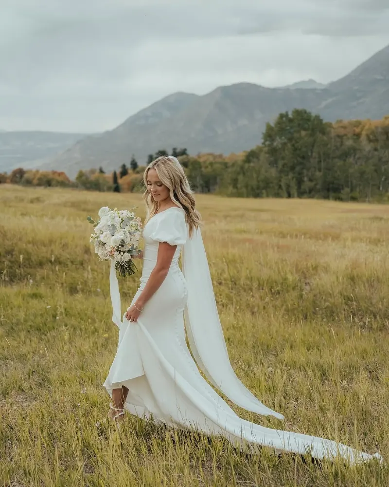 Mountain Romance - Puff Sleeve Fitted Gown with Cathedral Cape