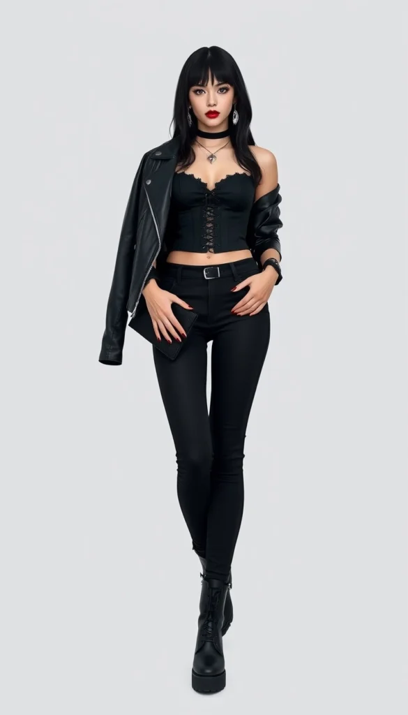 Rebellious Elegance in a Black Corset Top and Leather Jacket