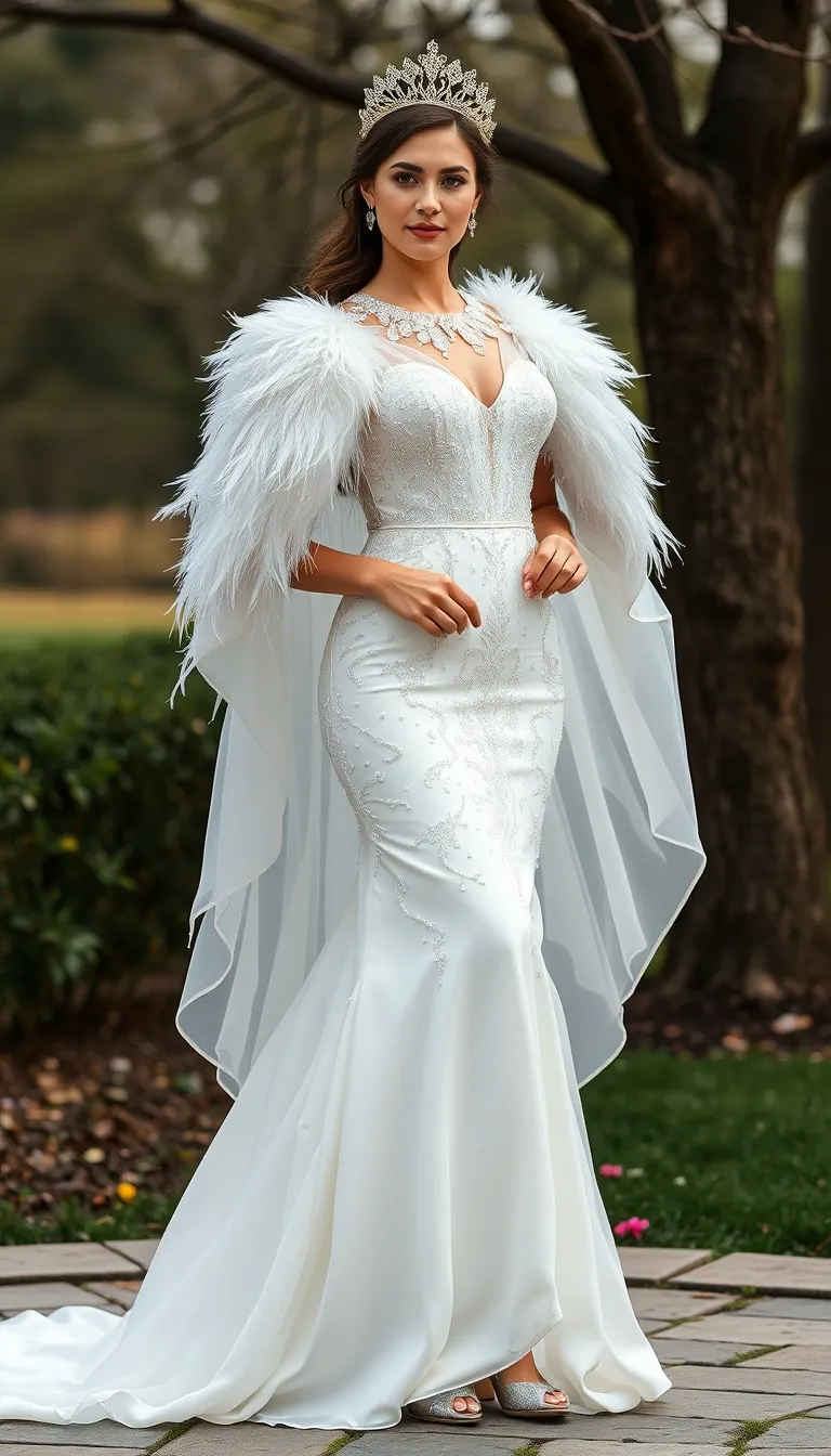 Regal Elegance in a White Embellished Mermaid Gown with Feathered Cape