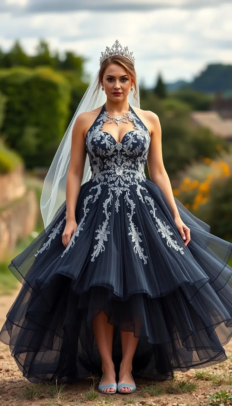 Regal Romance in a Navy Blue Halter Neck Wedding Dress