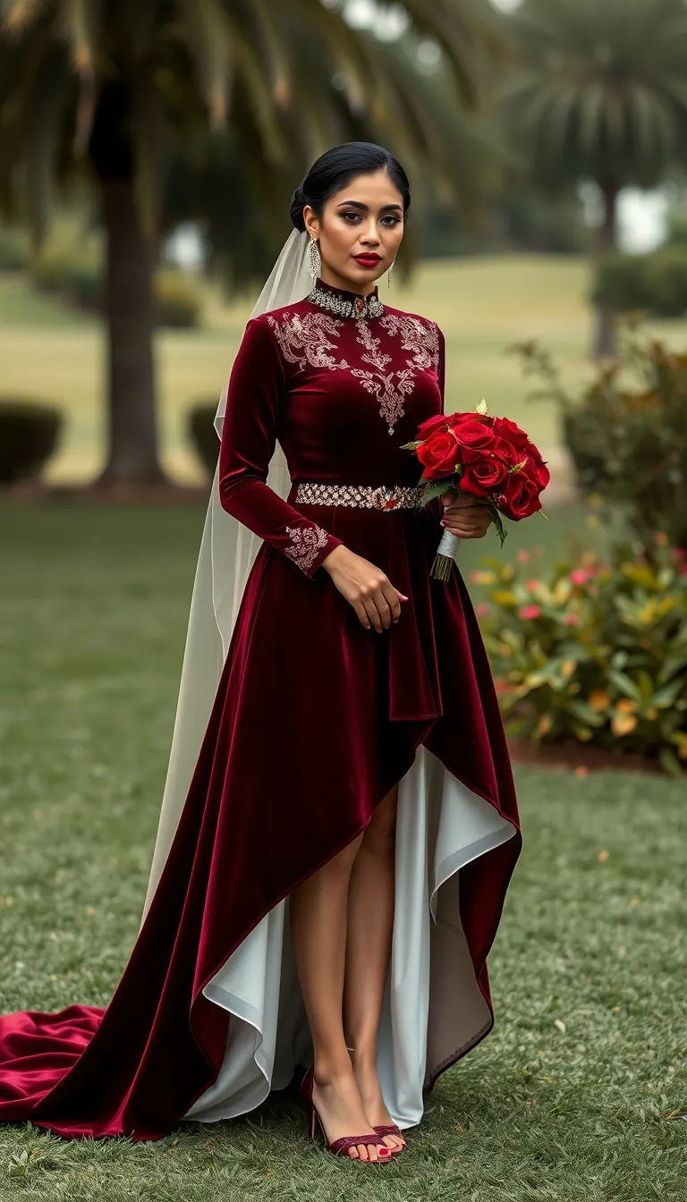 Regal Velvet in a Burgundy High-Low Wedding Dress