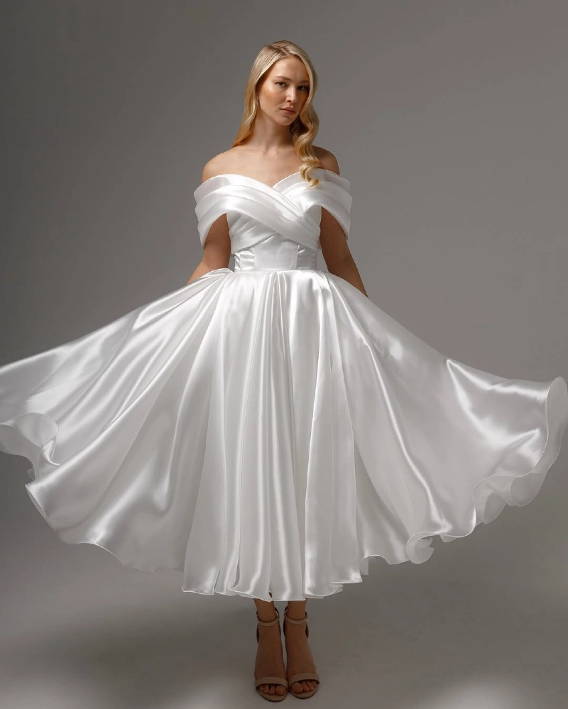 Satin Elegance Off-Shoulder Tea Dress