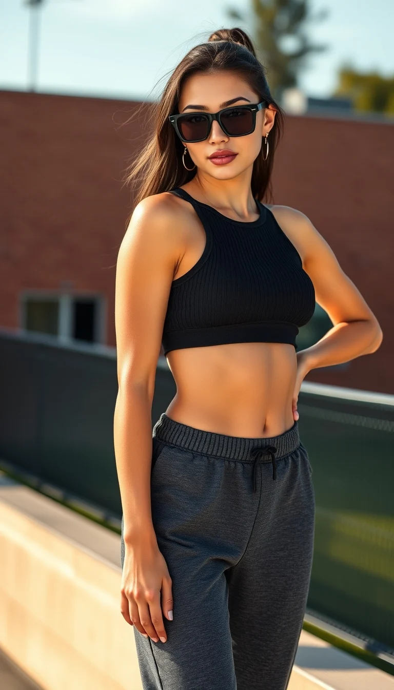 Sporty Luxe - Black Ribbed Crop Top and High-Waisted Joggers