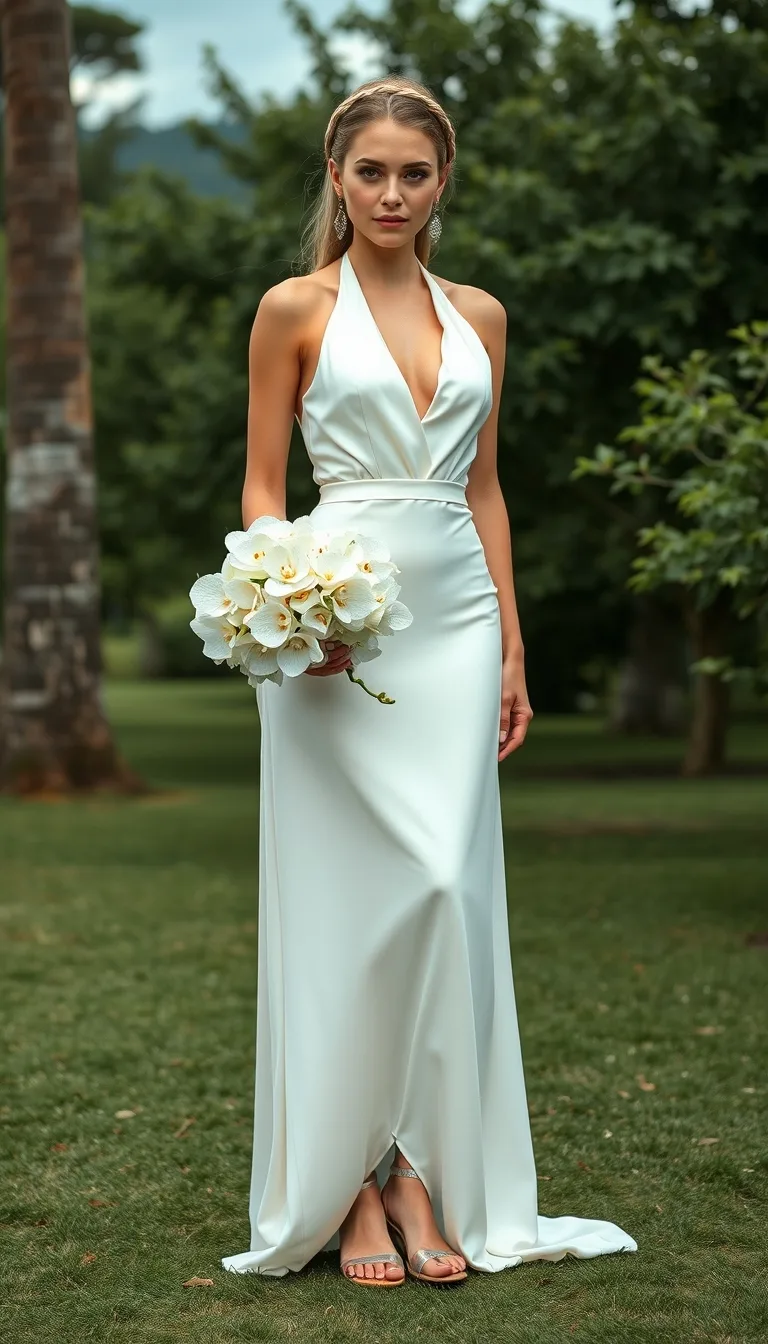 Timeless Elegance in a Halter Neck White Satin Gown