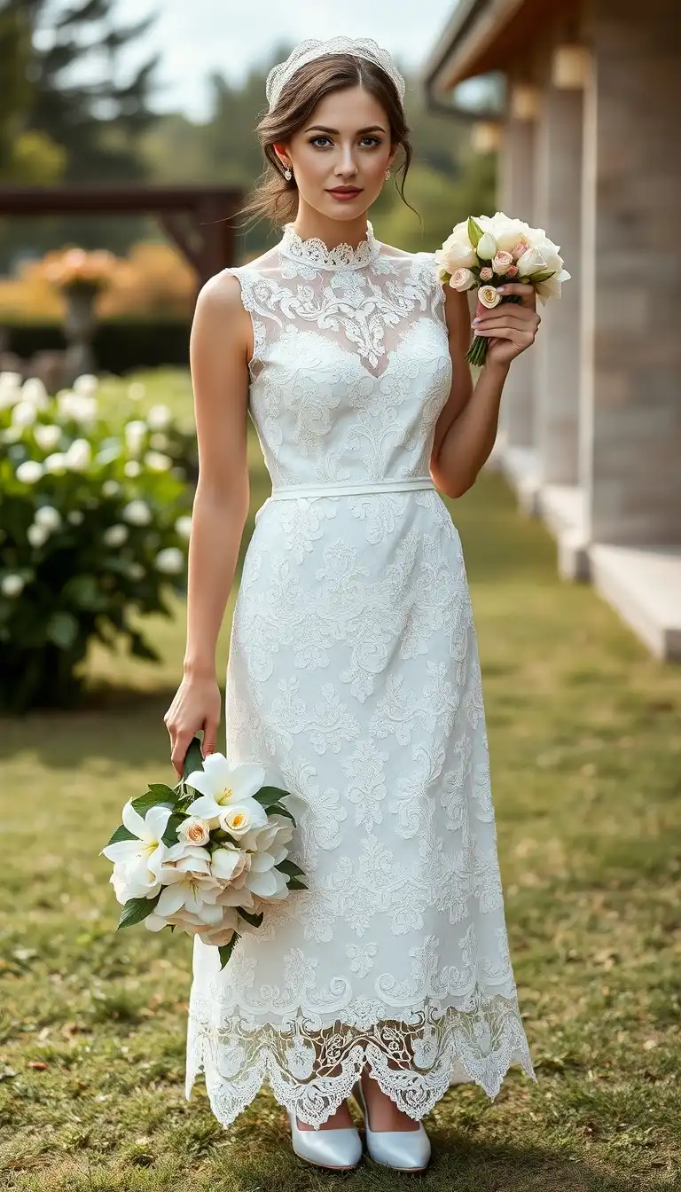 Timeless Grace in an Embroidered Lace High-Neck Midi Dress
