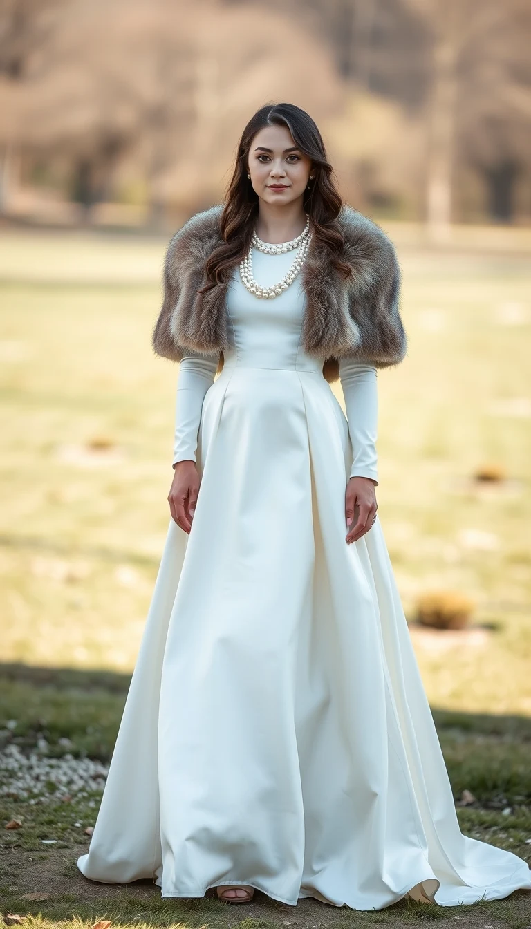 Timeless Sophistication in a Long-Sleeve Satin Gown with Fur Stole
