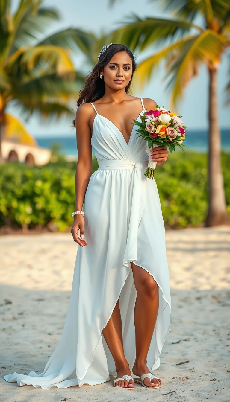 Tropical Bliss in a Spaghetti Strap High-Low Beach Wedding Dress
