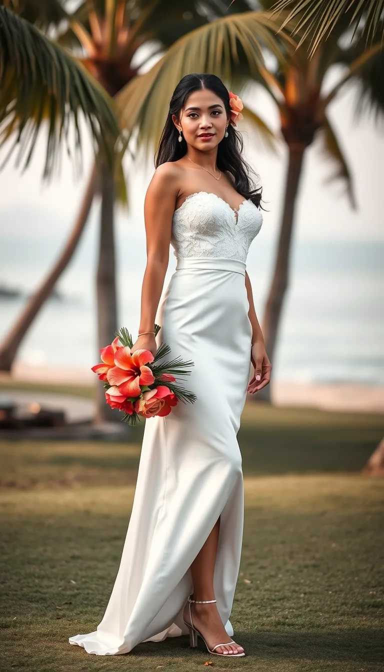 Tropical Elegance in a White Lace-Trimmed Gown