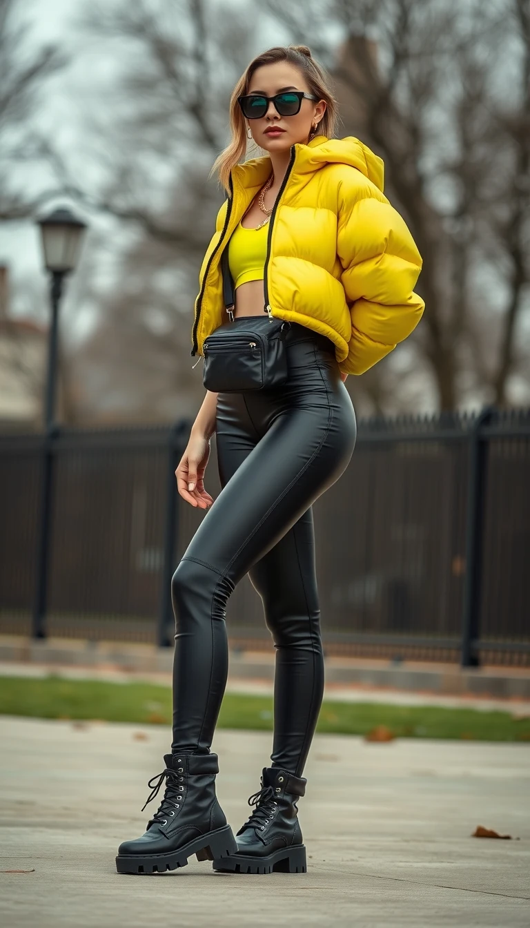 Urban Sporty Luxe - Neon Puffer Jacket and Leather Leggings