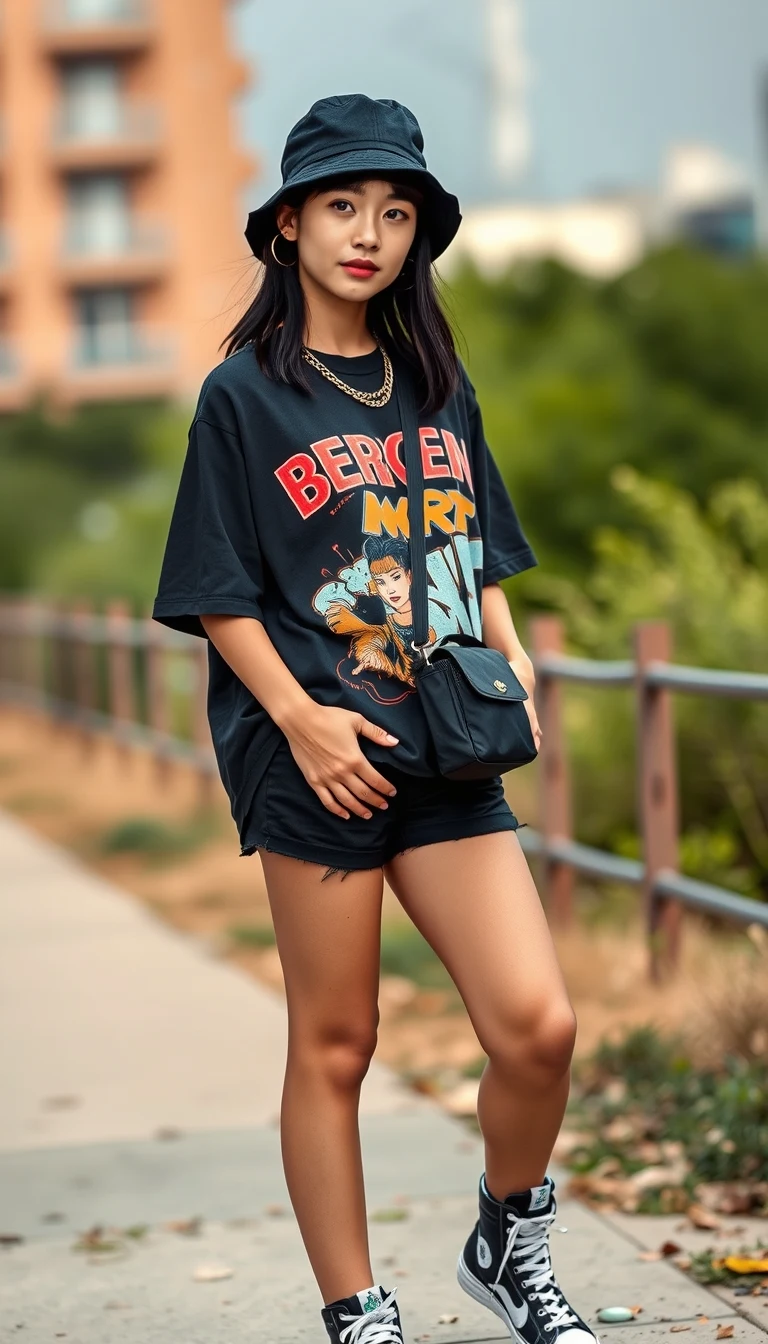 Urban Streetwear - Oversized Graphic Tee and Distressed Denim Shorts