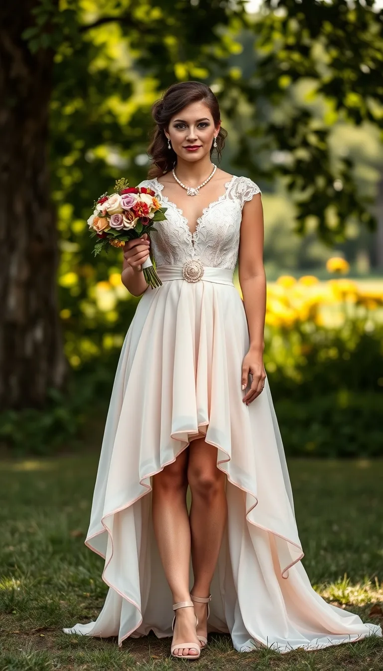 Vintage Elegance in a Blush Lace High-Low Wedding Dress