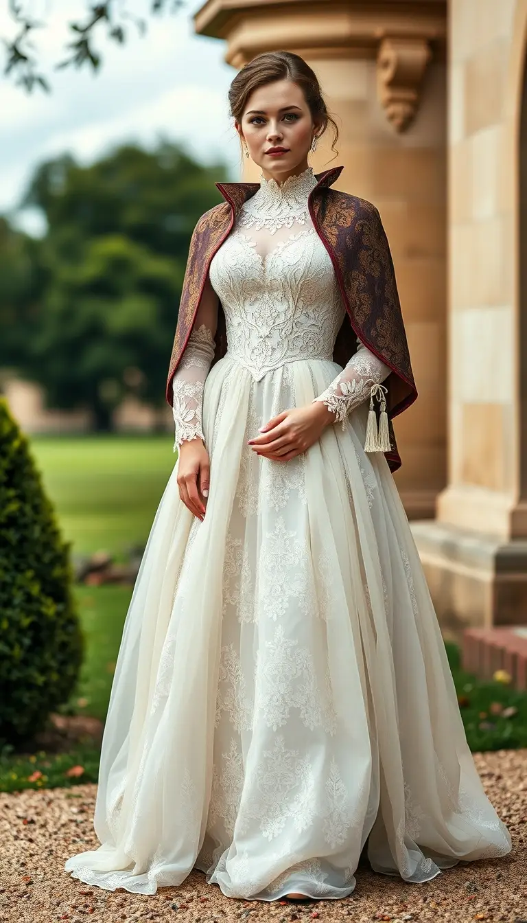 Vintage Romance in a Lace Gown with a Brocade Capelet