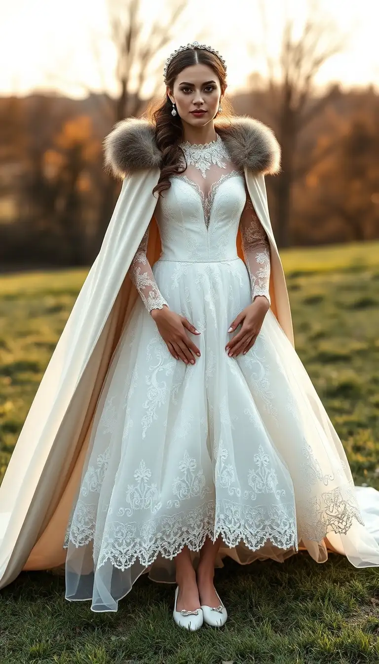 Winter Royalty in a Lace Tea-Length Gown with a Fur-Trimmed Cape